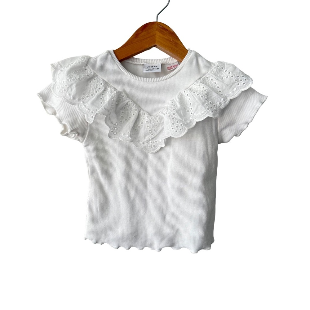 Zara Baby White Ribbed Tee with Eyelet Ruffles